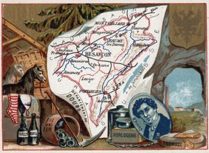 Le Doubs, Franche-Comté, Frankreich. Porträt von Georges Cuvier (1764-1832), französischer Paläontologe. Lokale Spezialität: Kirsch, Wermut, Uhrmacherei, Draht und Landwirtschaft. Serie über die französischen Departements. Chromolithographie, ca. 1920. Pri von French School