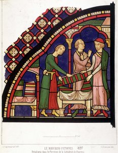 Der Stoffhändler, Detail aus den Fenstern der Kathedrale von Chartres (Faksimile eines Glasfensters aus dem 13. Jahrhundert)