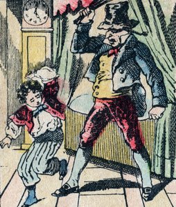 Le Pere Fouettard, legendäre Figur des Folklore, die unartige Kinder mit seiner Peitsche bestraft und ungehorsame Kinder einsperrt, Epinal-Bild von French School