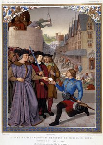 Le Sire de Rochechouart empfängt einen königlichen Boten. nach Fouquet, in „Die Chronisten der Geschichte Frankreichs von den Ursprüngen bis zum 16. Jahrhundert“ von Mme de Witt, Paris