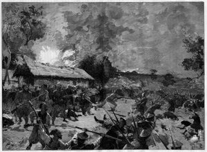 Der Hinterhalt von Hue, 4.-5. Juli 1885: Angriff einer tonkinischen Armee (Vietnam) gegen die französischen Truppen von General de Courcy. Gravur in „Le Monde Illustré“