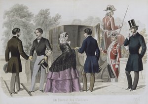 Abfahrt zu einer Kutschfahrt, Illustration aus Le Journal des Tailleurs, 1856 (Farbstich) von French School