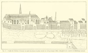 Die Kirche der Celestins und das Arsenal, Faksimile einer Federzeichnung von Jacques Cellier, Kalligraph des Königs, um 1583, aufbewahrt in der Nationalbibliothek von French School