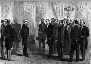 Kaiser Napoleon III. empfängt im Tuilerienpalast die mexikanische Delegation, die beauftragt ist, dem Prinzen Maximilian (Maximilian I. von Mexiko) die Krone von Mexiko anzubieten. Paris