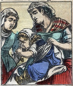 Lemuel Gulliver im Land der Riesen von Brobdingnag. Illustration für „Gullivers Reisen“ von Jonathan Swift (1667-1745). Epinal-Bild Ende des 19. Jahrhunderts.