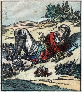 Lemuel Gulliver erwacht nach seinem Schiffbruch und wird von den Lilliputanern gefangen genommen. Illustration für "Gullivers Reisen" von Jonathan Swift (1667-1745). Epinal-Bildgebung Ende des 19. Jahrhunderts. von French School