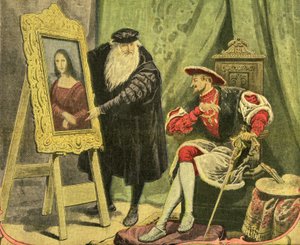 Leonardo da Vinci präsentiert sein Gemälde La Mona Lisa (Mona Lisa, Monna Lisa) an Franz I., der es 1517 für 4000 Goldgulden (15 Kilo Gold) kaufte. Gravur auf dem Titelblatt des illustrierten Supplements des Petiure Journals Nr. 1206, 28/12/1913. von French School