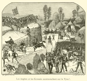 Die Engländer und die Schotten kämpfen an der Tyne (Stich) von French School