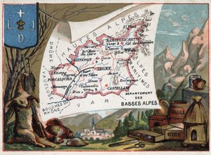 Les Basse-Alpes (Basse-Alpes), heute Département Alpes-de-Haute-Provence (Alpes de Haute-Provence 04), Frankreich. Lokale Spezialität: Jagd, Wachs, Honig, Trockenfrüchte und Öl. Serie über die französischen Departements. Chromolithographie „der geografisch von French School