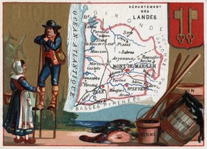 Les Landes (40), Aquitanien, Frankreich. Serie über die französischen Departements. Lokale Spezialitäten: Teer und Weinharz. Schäfer der Landes. Chromolithographie "Der geografische Faden", ca. 1920. Private Sammlung von French School