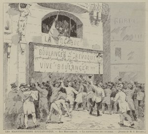Die Boulangistischen Manifestationen, Rue Montmartre, Die Verteilung der Kokarden (Gravur) von French School