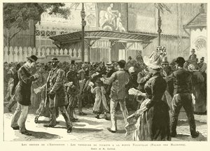 Die Umgebung der Ausstellung, Die Ticketverkäufer am Tor Tourville, Palais des Machines, Zeichnung von M. Guilliod (Gravur) von French School