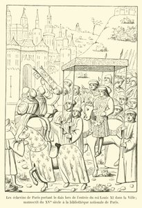 Die Schöffen von Paris tragen das Baldachin bei der Einfahrt von König Ludwig XI in die Stadt; Manuskript aus dem 15. Jahrhundert in der Nationalbibliothek von Paris von French School