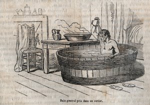 Die Gesten des Bades - Hygiene im 19. Jahrhundert - Bad in einer Schüssel - Gravur in „La Sante Universelle - Guide Medical des Familles“ 1852