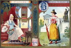 Buchstabe A als arabische Braut und B als bayerisches Mädchen. Frauenalphabet. Serie von 12 Bildern. Liebig-Werbung