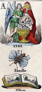 Buchstabe A wie Engel, Biene und Album. Ein Schutzengel neben einem Kind, das in einer Wiege schläft. Kleines enzyklopädisches Alphabet. Epinaler Bildgebung, um 1860. Holzschnitt, schabloniert mit Vergoldung. Privatbesitz