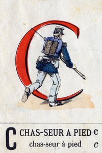 Buchstabe C als Fußjäger. Militäralphabet (ABC oder Abecedarium). Bildmaterial von Epinal, ca. 1870-1880. Schablonenfarbige Holzschnitte. Private Sammlung.