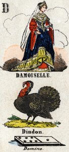 Buchstabe D wie Demoiselle, Truthahn und Domino. Kleines enzyklopädisches Alphabet. Epinaler Bildgebung, um 1860. Holzschnitt, schabloniert mit Vergoldung. Privatbesitz von French School