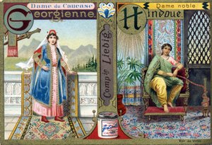 Buchstabe G als georgische Kaukasus-Dame und H als hinduistische Edeldame. Frauenalphabet. Serie von 12 Bildern. Liebig-Werbung