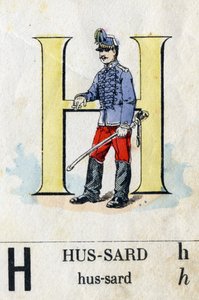 Buchstabe H als Husar. Militäralphabet. Bildmaterial von Epinal, ca. 1870-1880. Schablonenfarbige Holzschnitte.
