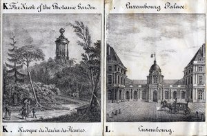 Buchstabe K Kiosk des Jardin des Plantes und L Palais du Luxembourg - „Alphabet Picturesque des Monumens de Paris“ um 1840 (Gravur)