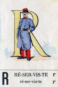 Buchstabe R als Reservist. Militäralphabet. Bild von Epinal, um 1870-1880. Schablonenfarbige Holzschnitte