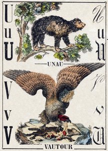 Buchstabe U Unau (Faultier); V Geier. Gravur in „Alphabet der wilden Tiere“. 9. Serie. Bildsprache von Epinal, Pellerin, Drucker-Verleger, um 1870. Holzschnitte, schabloniert. 16 Seiten. Private Sammlung