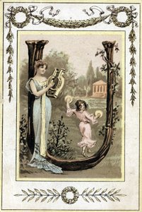Brief, der eine Mutter, die Lyra spielt, und ihre Tochter, die mit einer Pauke tanzt, darstellt, späte 19. Jahrhundert (Chromolithographie)