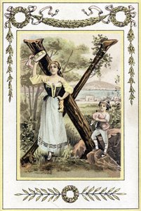 Brief, der eine Mutter mit einer Pauke und ihren Sohn als Hirten mit einer Sackpfeife darstellt, späte 19. Jahrhundert (Chromolithographie)
