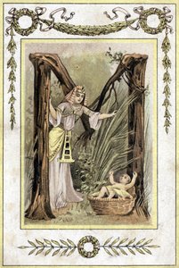 Brief, der eine ägyptische Mutter darstellt, die ein verlassenes Kind findet (Moses rettet Wasser), späte 19. Jahrhundert (Chromolithographie)