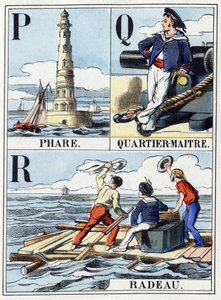 Buchstaben P wie Leuchtturm, Q wie Quartiermeister, R wie Floß. Marine-Abecedarium mit 16 Seiten, das ein Alphabet in Großbuchstaben enthält. Epinal-Bild, Ende des 19. Jahrhunderts. Schablonierte Holzschnitte Dim: 21x14,5cm von French School