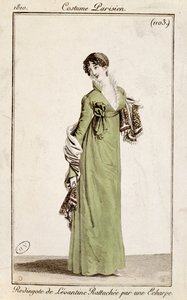 Levantiner Frack, befestigt mit einem Schal, Modeplatte aus Costume Parisien, 1810 von French School