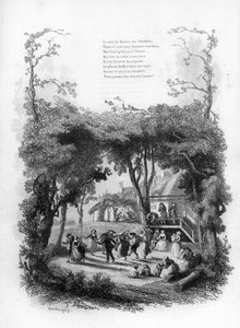 Lied von Lisette. Fest und Tanz in einem Dorf auf dem Land. Gravur in „Chants et chansons populaire de la France“, Band 2