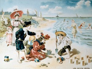 Kleine Pasta: Kinder spielen am Strand mit Sand. Illustration vom Anfang des 20. Jahrhunderts