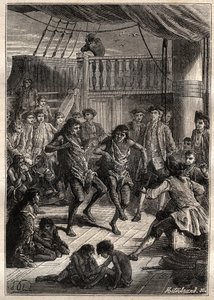 Louis Antoine, Graf von Bougainville (1729-1811) empfängt die Bewohner der Bucht Fortescue (Magellanstraße) in seinem Boot „La Boudeuse“ im Jahr 1768 - Illustration aus „Die großen Seefahrer des 18. Jahrhunderts“ von French School