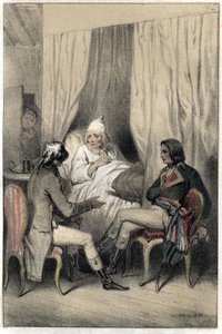 Louis Antoine Fauvelet de Bourienne (1769-1834), französischer Diplomat und Verwalter, und General Napoleon Bonaparte (1769-1821) bitten einen kranken alten Kapitalisten um Geld für den Italienfeldzug. Platte aus „Scenes de la vie des hommes famous“ Gravur