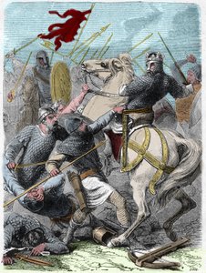 Ludwig VI genannt „Der Dicke“ (1081 - 1137), in der Schlacht von Brenneville, versuchte 1119, die Normandie von König Heinrich I. von England zu erobern. Gravur in „Histoire De France En Cent Tableaux“ von Paul Lehugeur 1891