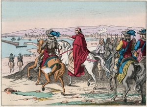 Ludwig XIII. (1601-1643) und Kardinal Richelieu bei der Belagerung von La Rochelle, Platz der Protestanten im Oktober 1628 - Gravur Ende des 19. Jahrhunderts