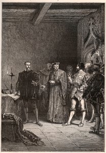 Louis de Berquin (1485-1529), Ritter und Humanist, religiöser Reformer, befreit von Jean de la Barre (1523-1533) Prévôt von Paris - Louis de Berquin (links) aus dem Gefängnis entlassen von Jean de la Barre - Gravur aus „L