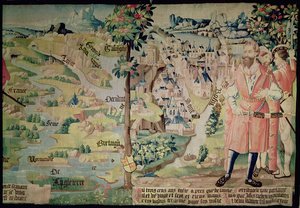 Lugdus (1672-21 v. Chr.) vor einer Darstellung der Stadt Lyon, Arras-Werkstatt, ca. 1530 von French School