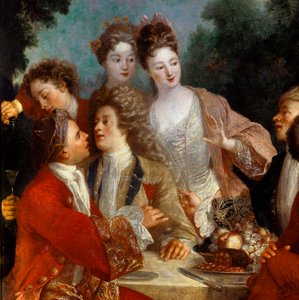 Mittagessen im Park. Detail des Gemäldes der französischen Schule des 18. Jahrhunderts. Orléans Museum der Schönen Künste von French School