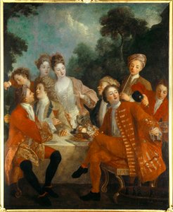 Mittagessen im Park. Adlige bei einem Landbankett. Gemälde der französischen Schule des 18. Jahrhunderts. Orléans Museum der Schönen Künste