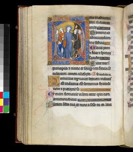 Verspottung Christi mit Jesus, umgeben von Peinigern, darunter zwei Männer mit jüdischen Kappen, aus dem Psalter und Stundenbuch von Isabella von Frankreich, Paris, ca. 1265-70