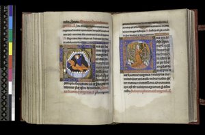 Fürbitte an St. Margareta und Fürbitte an St. Katharina, aus dem Psalter und Stundenbuch von Isabella von Frankreich, Paris, ca. 1265-70