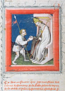 Bote übergibt einem Bischof einen Brief des Königs von Frankreich, Miniatur aus der Bible de Guiart des Moulins von French School