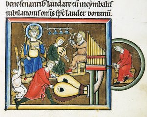 MS CXXXVII fol. 149r, König David mit Psalter und Musikern, aus dem Psalter der Heiligen Elisabeth