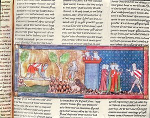 Lancelot beweist seine Liebe zu Guinevere, indem er einen Fluss überquert, der von einem scharfen Schwert überbrückt wird, aus dem Roman de Lancelot du Lac, 1344 von French School