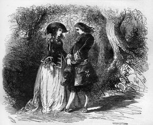 Mademoiselle de Pons traf ihren jungen Liebhaber Malicorne um 1653. Gravur in „Die Geschichte der Prostitution und Ausschweifung unter allen Völkern der Welt von der Antike bis zur Gegenwart“ von Dr. Th. -F. Debray. 1879. von French School