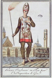 Mann, der von der Inquisition von Goa zum Verbrennen auf dem Scheiterhaufen verurteilt wurde, späte 18. Jahrhundert von French School