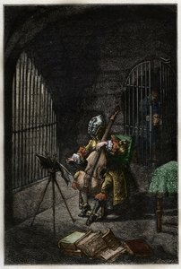 Der Mann mit der eisernen Maske, spielt Cello im Gefängnis - Gravur aus „Histoire de France“ von Jules Michelet - 1876-1877